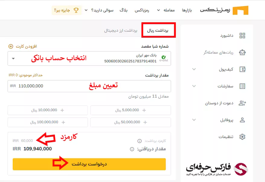 برداشت پول از صرافی رمزینکس - سقف برداشت صرافی رمزینکس 04