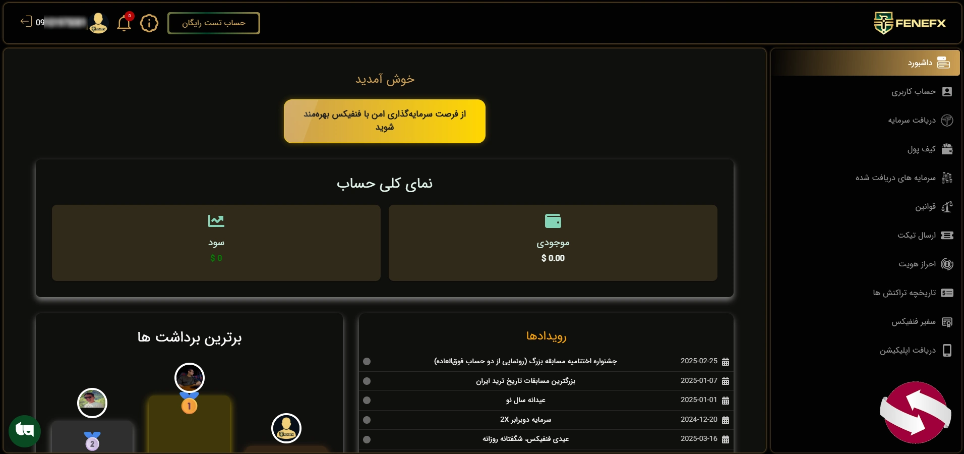 پنل کاربری FeneFX پس از تکمیل ثبت نام
